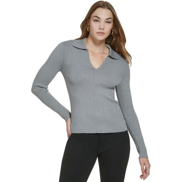 🔥Calvin Klein Metallic Shimmer Collared V-Neck Sweater Womens Size M‎ - Picture 1 of 7